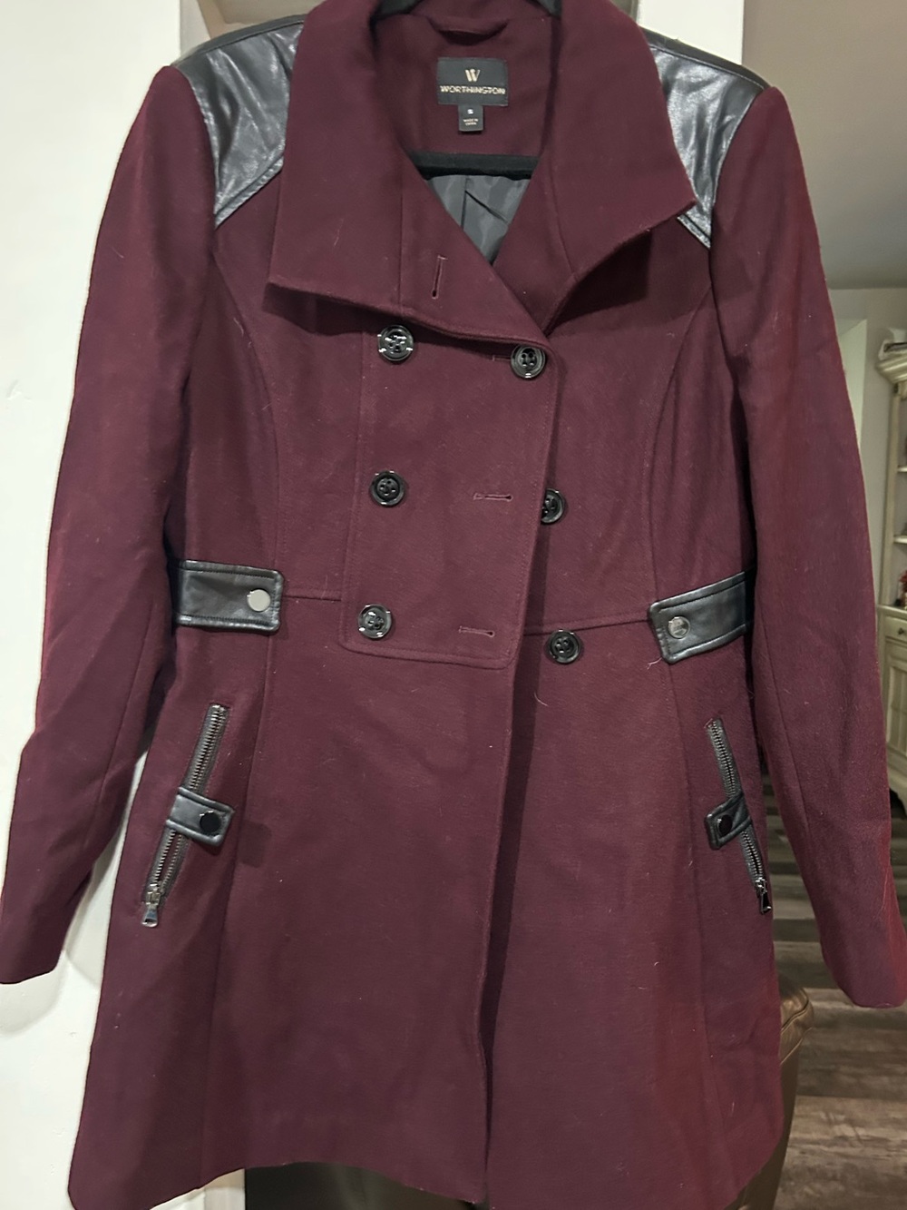 Worthington Women's Wine Double-Breasted Peacoat with Faux Leather Trim - Picture 2 of 9